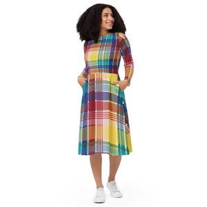 USVI Madras Midi Dress: Long Sleeve Flared Skirt