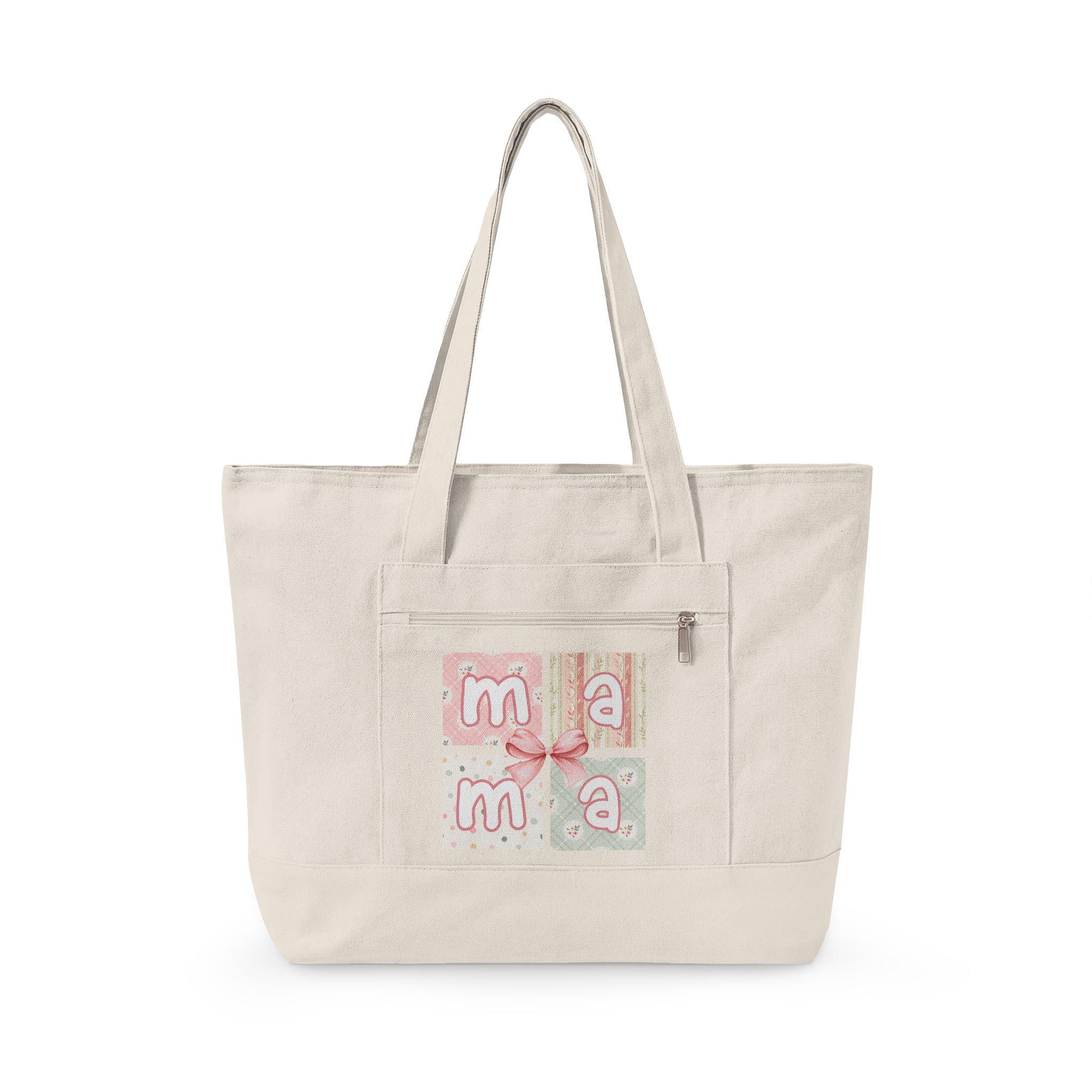 Mama Canvas Tote Bag With Zipper, Floral Patchwork Diaper Bag