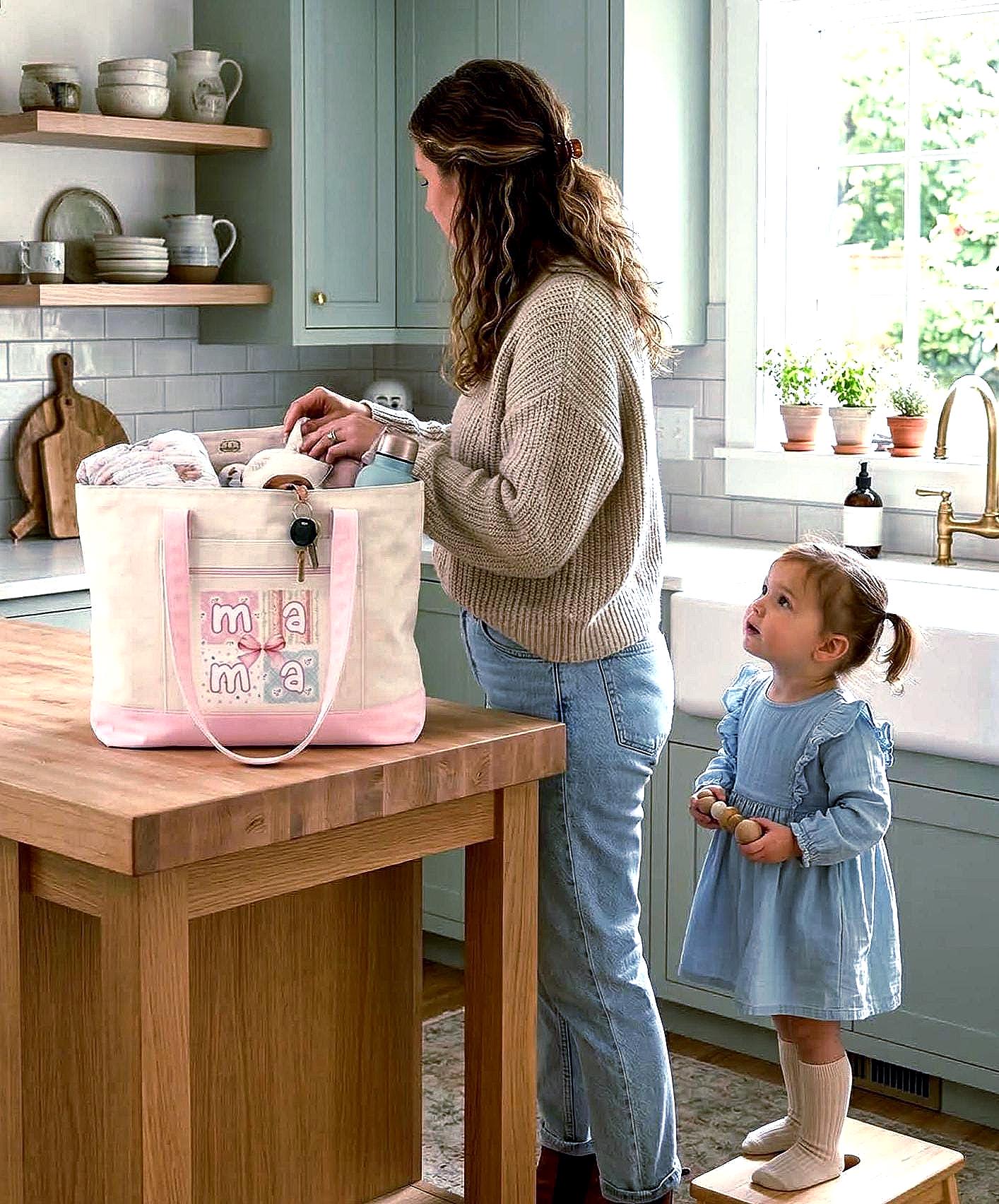 Mama Canvas Tote Bag With Zipper, Floral Patchwork Diaper Bag