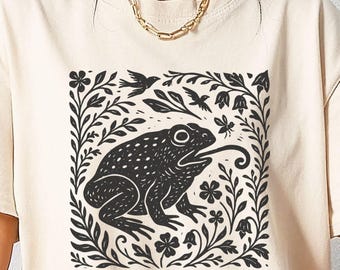 Comfort Colors® Medieval Shirt, Toad Floral Tapestry tshirt, Weird Cottagecore Stuff, Folk Art Forest Animal Tshirt, Goblincore linocut