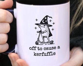 Off to cause a kerfuffle coffee mug, Funny frog wizard mugs, Goblincore drinkware, Unhinged memes, Cool weird stuff, gifts for frog lover