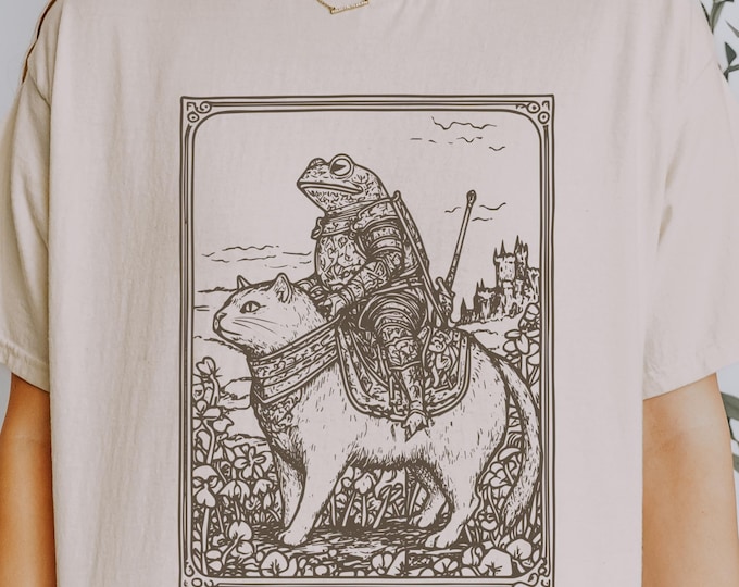 Medieval Shirt, Frog on Cat shirt, Tapestry t-shirt, Weird Stuff, Unhinged shirts, Weirdcore clothing, Goblincore linocut, Funny Meme Shirt