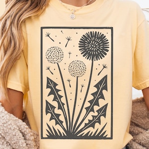 Linocut Dandelion Vintage Style shirt, Retro Block Print Flower Beach TShirt, Woodcut Stamp Tee, Cottagecore Boho Botanical, Comfort Colors®