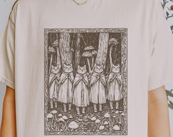 Mittelalterliches Hemd, Katzen-Tapisserie-T-Shirt, Weird-Stuff, lustiges Hemd, lustiges Hemd, Weirdcore-Kleidung, Pilz-Motiv, Goblincore-Druck