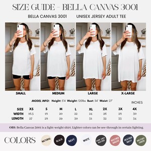 May include: Size guide for Bella Canvas 3001 unisex jersey adult tee shirts. The guide shows sizes XS to 4X, with measurements in inches for width and length. Available colours include natural, black, navy, white, and heather shades.