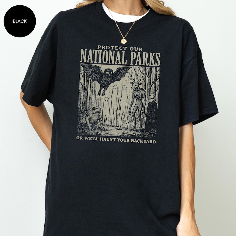 Mothman Shirt, Cryptid tshirt, Cryptidcore Wendigo tee, Weirdcore Vampire gifts, Folk Horror Clothing, Alt National Park tee Black