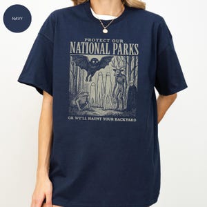 Mothman Shirt, Cryptid tshirt, Cryptidcore Wendigo tee, Weirdcore Vampire gifts, Folk Horror Clothing, Alt National Park tee Navy