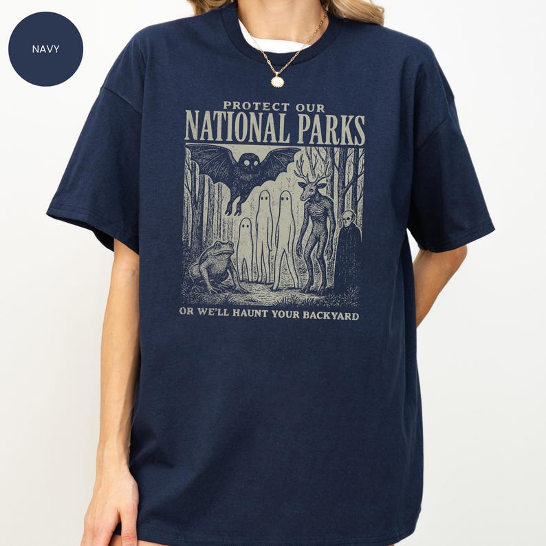Mothman Shirt, Cryptid tshirt, Cryptidcore Wendigo tee, Weirdcore Vampire gifts, Folk Horror Clothing, Alt National Park tee Navy