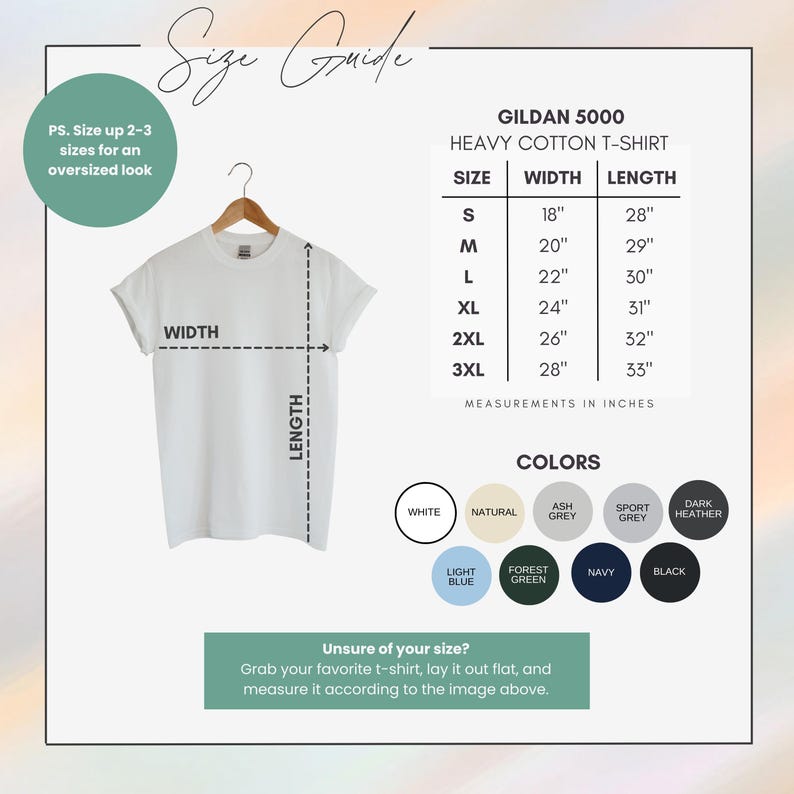 K&ouml;nnte beinhalten: Gr&ouml;&szlig;entabelle f&uuml;r Gildan 5000 Heavy Cotton T-Shirts. Die Tabelle zeigt die Gr&ouml;&szlig;en S bis 3XL mit den entsprechenden Breiten- und L&auml;ngenma&szlig;en in Zoll. Die Tabelle enth&auml;lt auch einen Farbguide mit Optionen wie Wei&szlig;, Natur, Aschgrau, Sportgrau, Dunkelgrau meliert, Hellblau, Waldgr&uuml;n, Marineblau und Schwarz.