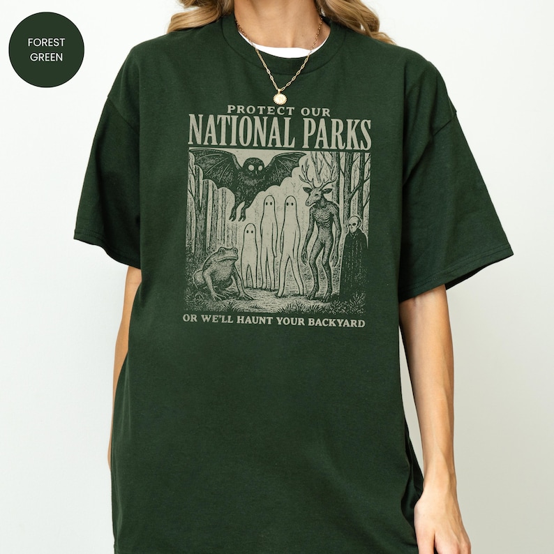 Mothman Shirt, Cryptid tshirt, Cryptidcore Wendigo tee, Weirdcore Vampire gifts, Folk Horror Clothing, Alt National Park tee Forest Green