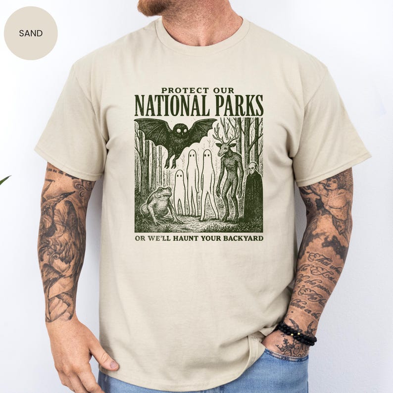 Mothman Shirt, Cryptid tshirt, Cryptidcore Wendigo tee, Weirdcore Vampire gifts, Folk Horror Clothing, Alt National Park tee Sand