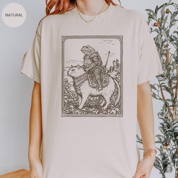 Medieval Shirt, Frog on Cat shirt, Tapestry t-shirt, Weird Stuff, Unhinged shirts, Weirdcore clothing, Goblincore linocut, Funny Meme Shirt