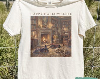 Happy Halloweenie Dachshund Tee, Bookish library Shirt, Spooky season, Rustic Vintage Daschund sweatshirt, Comfort Colors Weenie Lover Gifts