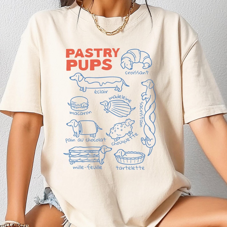 Comfort Colors® Pastry Pups tee, Funny Dachshund Shirt, Daschund t-shirts, French Baking Sweatshirt, Foodie gift for weiner dog mom zdjęcie 1