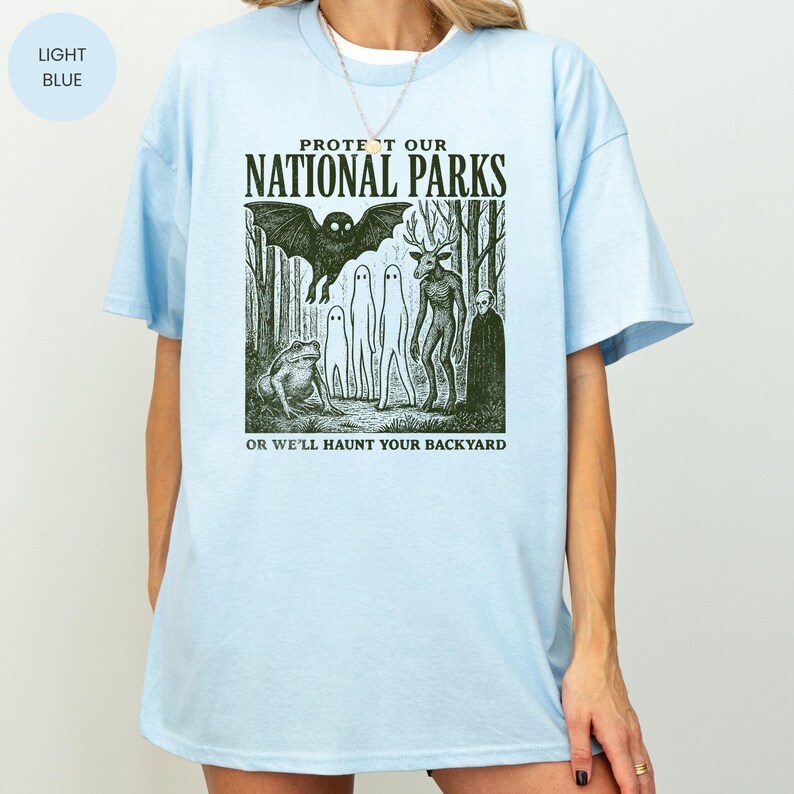 Mothman Shirt, Cryptid tshirt, Cryptidcore Wendigo tee, Weirdcore Vampire gifts, Folk Horror Clothing, Alt National Park tee Light Blue