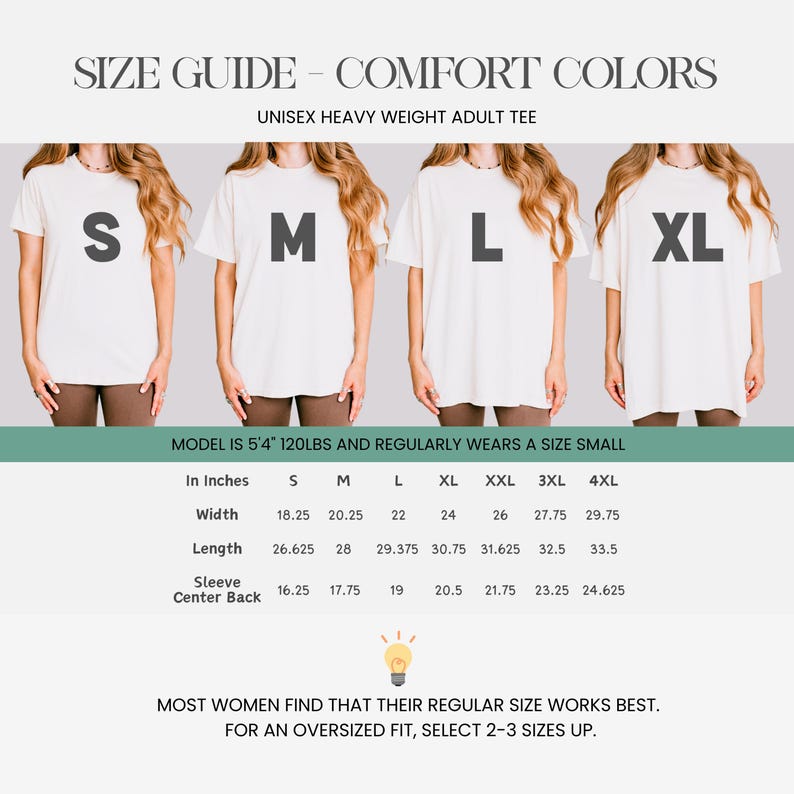 May include: A size guide for Comfort Colors unisex heavy weight adult t-shirts. The image displays four white t-shirts labeled S, M, L, and XL, alongside a table listing width, length, and sleeve measurements in inches for sizes S through 4XL.