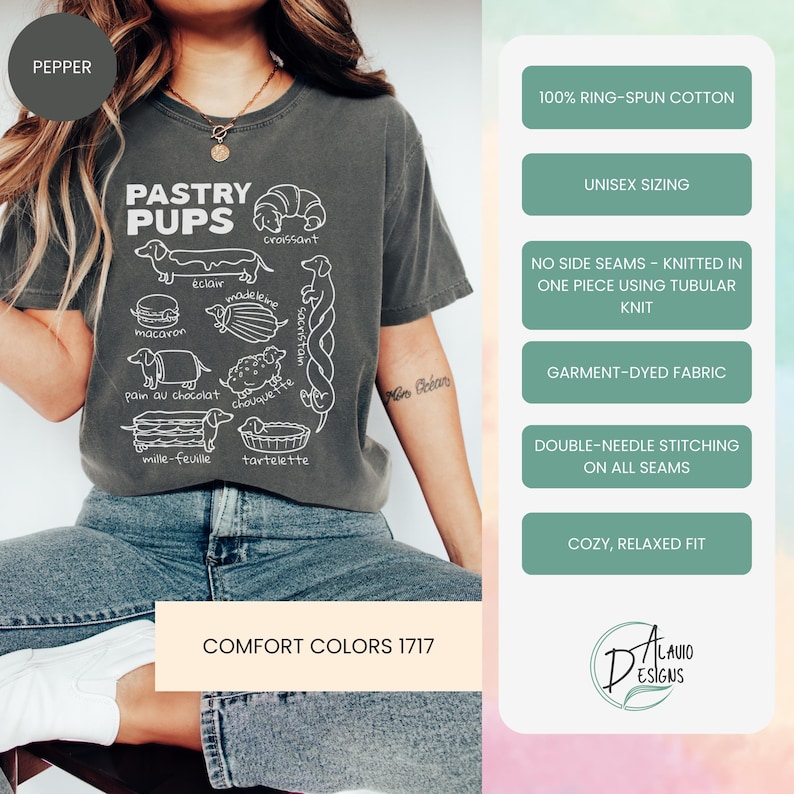 Comfort Colors® Pastry Pups tee, Funny Dachshund Shirt, Daschund t-shirts, French Baking Sweatshirt, Foodie gift for weiner dog mom zdjęcie 5