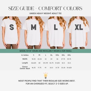 May include: Size guide for a unisex heavy weight adult tee. The image shows four models wearing white t-shirts in sizes S, M, L, and XL. Measurements are provided in inches for width, length, and sleeve center back. The text advises selecting 2-3 sizes up for an oversized fit.