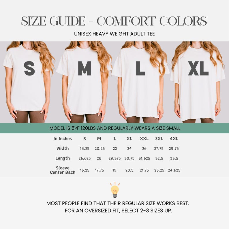 May include: Size guide for a unisex heavy weight adult tee. The image shows four models wearing white t-shirts in sizes S, M, L, and XL. Measurements are provided in inches for width, length, and sleeve center back. The text advises selecting 2-3 sizes up for an oversized fit.