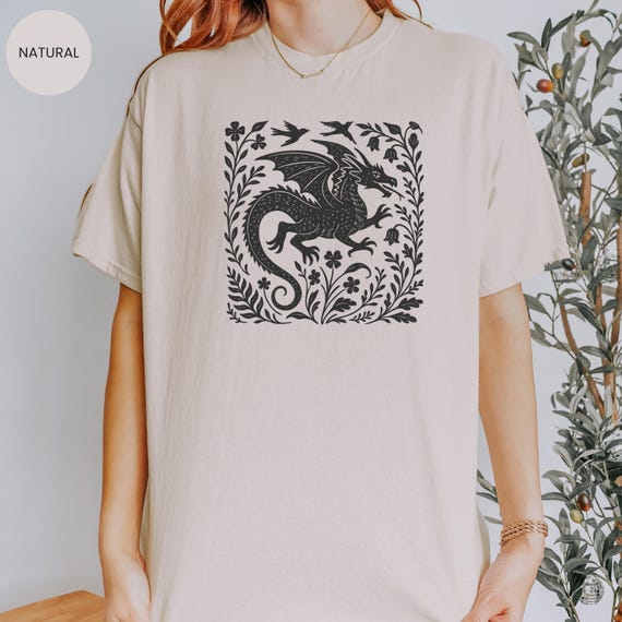 Medieval Fantasy Dragon Shirt, Unisex Heavy Tee, Goblincore tshirts, Bookish sweatshirt, Folk art prints, Faux linocut t-shirt, gift for her