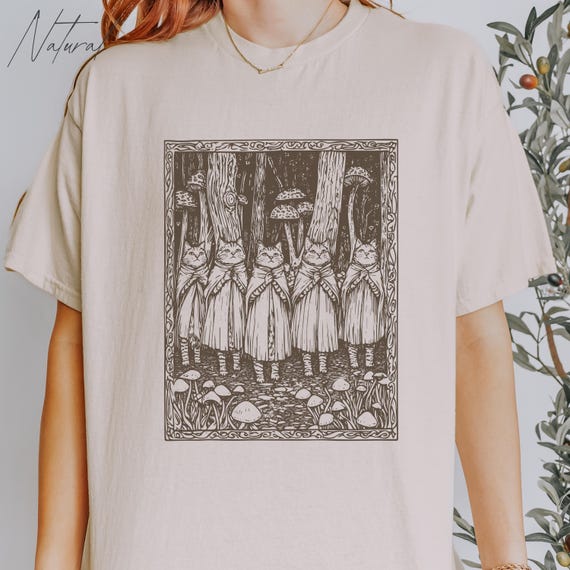 Medieval Shirt, Cat Tapestry t-shirt, Weird Stuff, Unhinged shirts, Weirdcore clothing, Mushroom motif, Goblincore linocut, Funny Meme Shirt