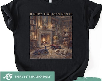 Happy Halloweenie Dachshund Tee, Bookish library Shirt, Spooky season, Rustic Vintage Daschund sweatshirt, Comfort Colors Weenie Lover Gifts