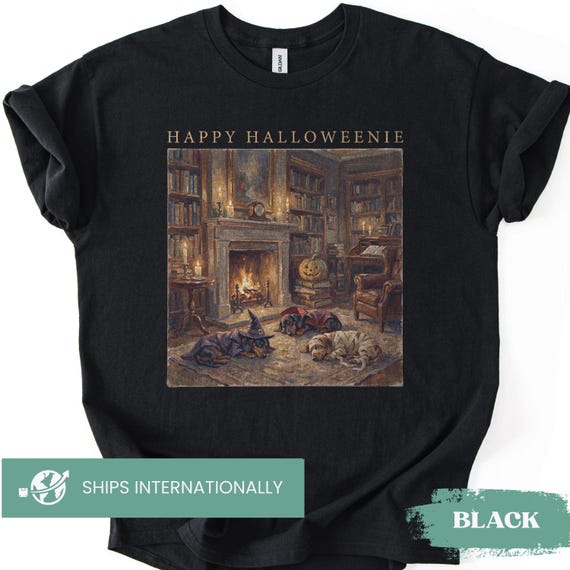 Happy Halloweenie Dachshund Tee, Bookish library Shirt, Spooky season, Rustic Vintage Daschund sweatshirt, Comfort Colors Weenie Lover Gifts
