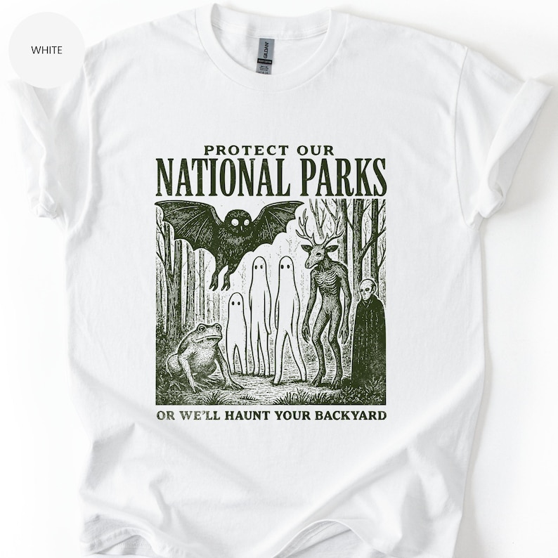 Mothman Shirt, Cryptid tshirt, Cryptidcore Wendigo tee, Weirdcore Vampire gifts, Folk Horror Clothing, Alt National Park tee White