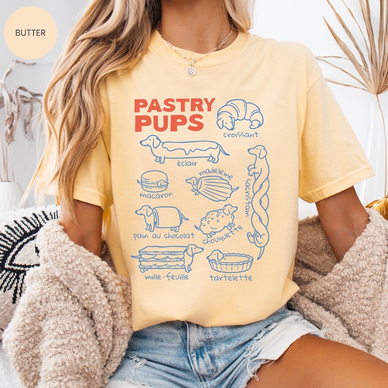 Comfort Colors® Pastry Pups tee, Funny Dachshund Shirt, Daschund t-shirts, French Baking Sweatshirt, Foodie gift for weiner dog mom zdjęcie 4