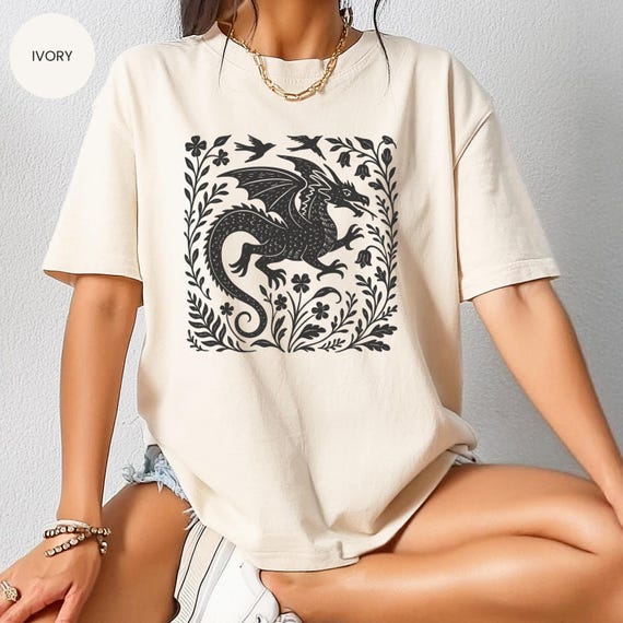 Comfort Colors® Medieval Fantasy Dragon Shirt, Goblincore tshirts, Bookish sweatshirt, Folk art prints, Faux linocut t-shirt, gift for her