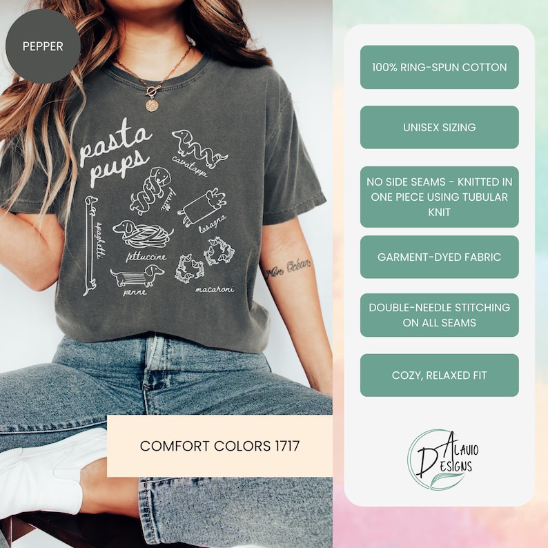 May include: Pepper-colored t-shirt with the text "pasta pups" and illustrations of pasta shapes like spaghetti, penne, and lasagna. The shirt also features the text "Comfort Colors 1717" and design details.