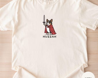 Huzzah Funny Medieval Corgi Shirt, Tri-color Corgi Knight Sweatshirt, Comfort Colors, gift for dog mom