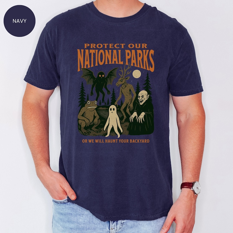 Mothman Shirt, Cryptid tshirt, Cryptidcore aesthetic, Wendigo tee, Weirdcore Vampire gifts, Folk Horror Clothing, Alt National Park Shirts Navy
