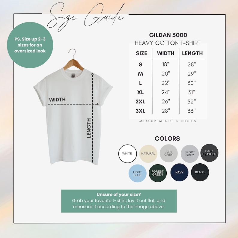 Op de afbeelding: Maattabel voor Gildan 5000 heavy cotton t-shirts. De tabel toont maten van S tot 3XL met bijbehorende breedte- en lengtemaat in inches. De tabel bevat ook een kleurenkaart met opties zoals wit, naturel, asgrijs, sportgrijs, donker heather, lichtblauw, bosgroen, marineblauw en zwart.