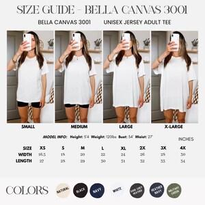 May include: Size guide for Bella Canvas 3001 unisex jersey adult tee shirts. The guide includes measurements in inches for sizes XS to 4X. Available colors are natural, black, navy, white, dark grey heather, heather navy, and military green.