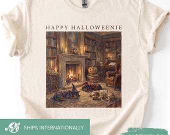 Happy Halloweenie Dachshund Tee, Bookish library Shirt, Spooky season, Rustic Vintage Daschund sweatshirt, Comfort Colors Weenie Lover Gifts