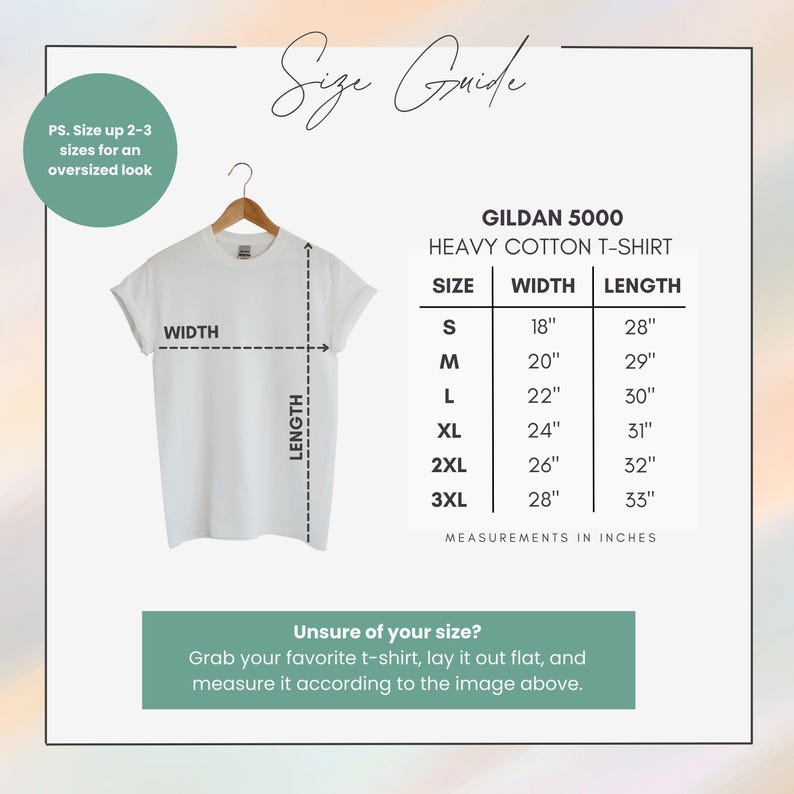 May include: A white Gildan 5000 heavy cotton t-shirt hanging on a wooden hanger. The image includes a size guide with measurements in inches for sizes S to 3XL. Text on the image reads, "Size Guide" and "Unsure of your size?"