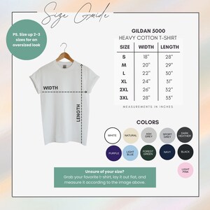 May include: A white Gildan 5000 heavy cotton t-shirt displayed on a hanger, with a size guide chart. The chart shows measurements in inches for sizes S to 3XL, along with a color palette including white, natural, and black.