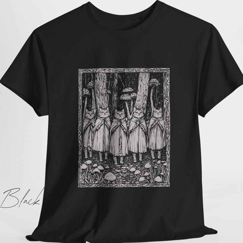 May include: Black and white illustration of a group of cats wearing cloaks and standing in a forest. The cats are holding mushrooms above their heads. The illustration is framed with a decorative border.