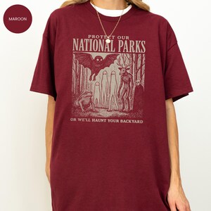 Mothman Shirt, Cryptid tshirt, Cryptidcore Wendigo tee, Weirdcore Vampire gifts, Folk Horror Clothing, Alt National Park tee Maroon