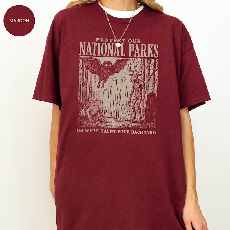 Mothman Shirt, Cryptid tshirt, Cryptidcore Wendigo tee, Weirdcore Vampire gifts, Folk Horror Clothing, Alt National Park tee Maroon