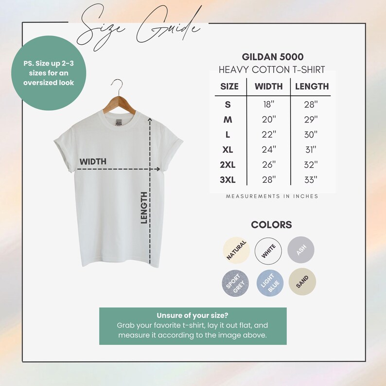 Puede incluir: Tabla de tallas para una camiseta de algod&oacute;n pesado Gildan 5000. La tabla muestra las medidas de ancho y largo en pulgadas para las tallas S a 3XL. La tabla tambi&eacute;n muestra los colores disponibles: Natural, Blanco, Ceniza, Gris deportivo, Azul claro y Arena.