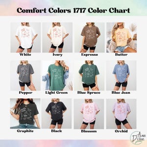 May include: A color chart featuring Comfort Colors 1717 t-shirts in various shades. The chart displays shirts in white, ivory, espresso, butter, pepper, light green, blue spruce, blue jean, graphite, black, blossom, and orchid.