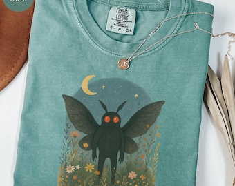 Comfort Colors® Mothman Wildflowers Shirt, Whimsigoth Shirts, Boho Cottagecore clothes, Summerween shirt, Halloween Cryptid Moon Sweatshirt