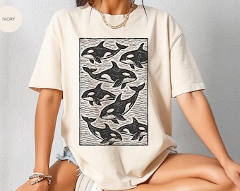 Orcas shirt, Medieval t shirt, Medieval tapestry, Sea animals vintage style t-shirt, Y2K ocean shirt, Faux Linocut Print, Nature lover gifts