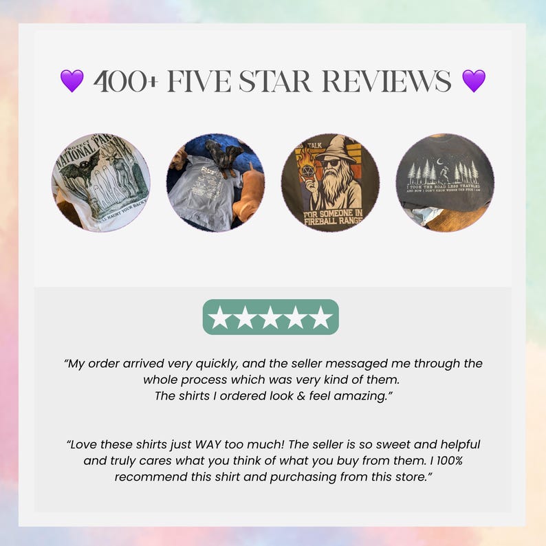 May include: Image featuring four t-shirts with graphic designs, including one with text "NATIONAL PARK". The image also displays "400+ FIVE STAR REVIEWS" and customer reviews with five-star ratings.