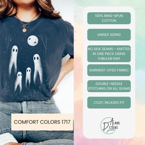 May include: Midnight blue t-shirt featuring a white ghost graphic under a full moon. The shirt has a relaxed fit and is made of 100% ring-spun cotton. The text "COMFORT COLORS 1717" is printed on the bottom.