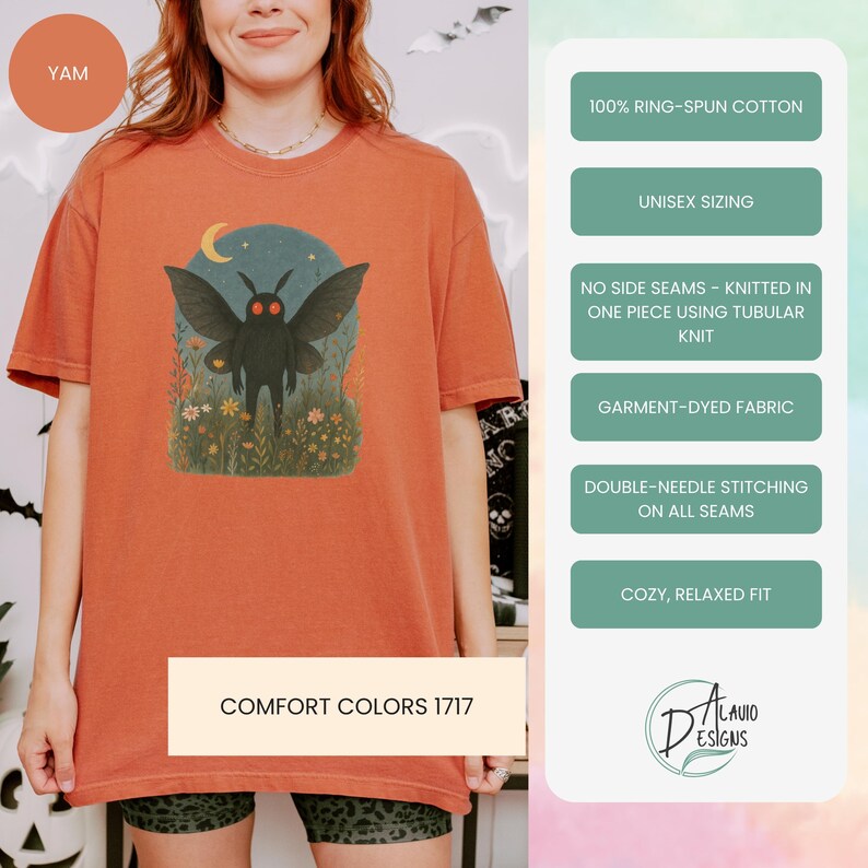May include: A yam-colored Comfort Colors 1717 t-shirt featuring a black moth illustration with a crescent moon and flowers. The shirt is made of 100% ring-spun cotton with unisex sizing, garment-dyed fabric, and double-needle stitching.