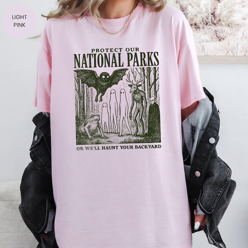 Mothman Shirt, Cryptid tshirt, Cryptidcore Wendigo tee, Weirdcore Vampire gifts, Folk Horror Clothing, Alt National Park tee Light Pink