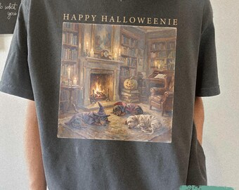 Happy Halloweenie Dachshund Tee, Bookish library Shirt, Spooky season, Rustic Vintage Daschund sweatshirt, Comfort Colors Weenie Lover Gifts